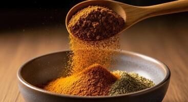 Vibrant ground cumin pouring from a wooden spoon into a ceramic bowl with spices photo