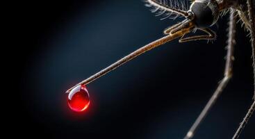 Macro view of a mosquito proboscis with a red blood droplet, symbolizing disease transmission photo