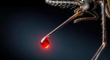 Macro view of a mosquito proboscis with a glowing red blood drop at its tip photo