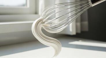 Metal whisk with white whipped cream in motion, highlighting baking and culinary preparation photo