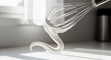 Metal whisk with swirling white cream captured in motion on a bright kitchen counter photo