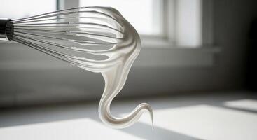 Metal Whisk with Dripping White Creamy Meringue or Whipped Cream photo