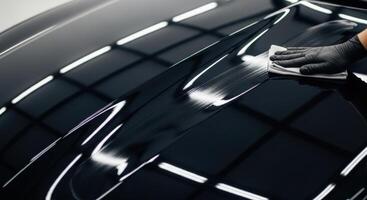 Gloved hand polishing a black car hood to achieve a high gloss and protective finish photo