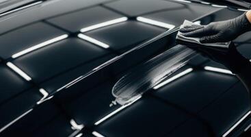 Professional car detailing with a gloved hand polishing a black car hood for a perfect shine. photo