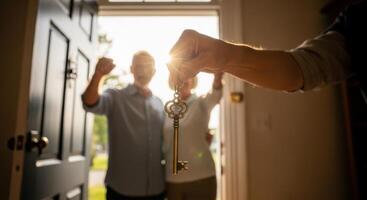 Hand holding an ornate antique key, symbolizing new home ownership for a happy couple. photo