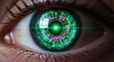 Close up of a human eye with a glowing futuristic bionic iris and digital circuit patterns photo