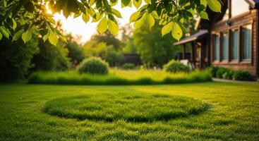 Vibrant Green Backyard Lawn Bathed in Golden Hour Sunlight with Lush Trees photo