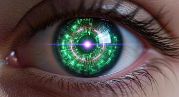 Close up of a human eye with a glowing green digital iris representing futuristic technology and AI photo