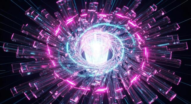 Futuristic energy core with glowing pink and blue light in an abstract digital vortex photo