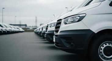 Long line of identical modern white delivery vans parked in an outdoor commercial lot photo
