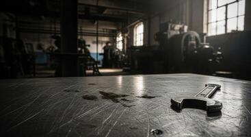 Metal Wrench Lying on a Scratched Industrial Workbench in a Dark Factory Workshop photo