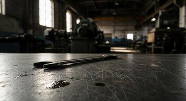 Weathered Industrial Metal Workbench with Wrench and Oil Drops in a Factory Setting photo