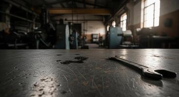 Wrench and oil stains on a scratched metal workbench in an industrial factory setting photo