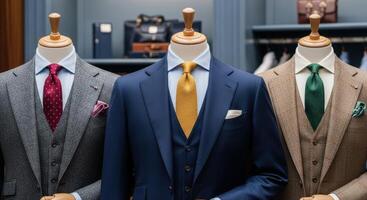 Three male mannequins showcasing elegant tailored suits with ties and pocket squares photo