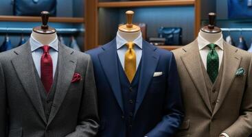 Three Male Mannequins Dressed in Tailored Suits with Colorful Ties photo