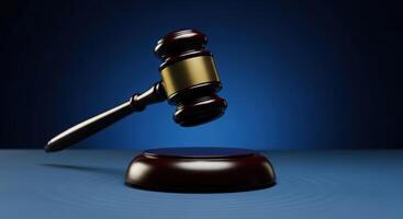 Wooden Judge Gavel Poised Above Sound Block Symbolizing Law and Justice photo