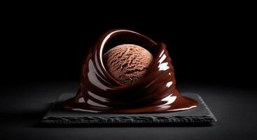 A single colossal scoop of dark chocolate fudge ice cream encased within a dramatic wave photo