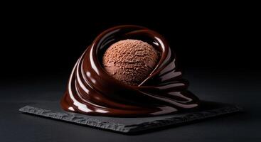 Decadent Chocolate Ice Cream Scoop with Swirling Dark Chocolate Sauce photo