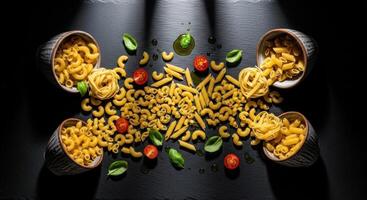 Dynamic composition of various dry pasta shapes with fresh ingredients on a dark surface photo