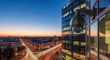 Black Dome Security Camera on Modern Building Overlooking City at Dusk with Light Trails photo