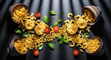 Various Dry Pasta Shapes with Fresh Basil, Tomatoes, and Olive Oil on Dark Surface photo