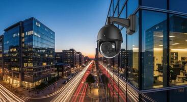 Black Dome Security Camera on Modern Building Overlooking City Street at Dusk with Light Trails photo