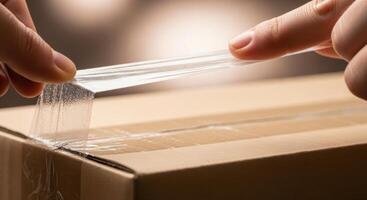 Hands applying clear packing tape to seal a cardboard box for shipping or moving photo