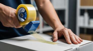 Hands using a tape dispenser to seal a white cardboard box for shipping or moving photo
