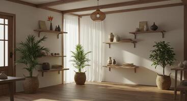 Bright minimalist Japandi style office interior with wooden shelves and potted plants photo