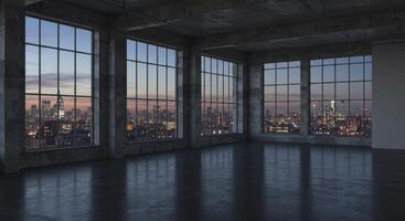 Empty Industrial Loft Space with Large Windows Overlooking City Skyline at Dusk photo