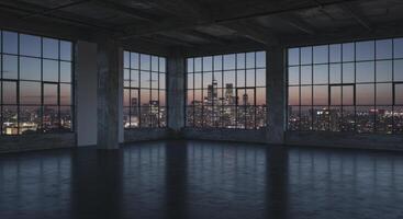 Empty industrial loft space with large windows overlooking city skyline photo