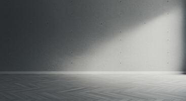 Empty room with concrete wall and herringbone hardwood floor illuminated by natural light. photo