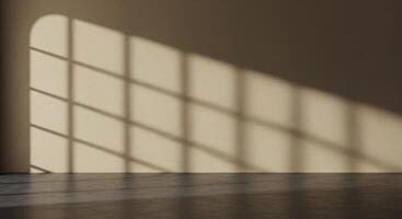 Empty Minimalist Room with Arched Window Shadow on Warm Beige Wall and Dark Concrete Floor photo