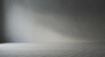 Empty room with concrete wall and light grey herringbone hardwood floor with natural light photo
