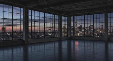 Empty industrial loft with large windows overlooking a city skyline at dusk photo