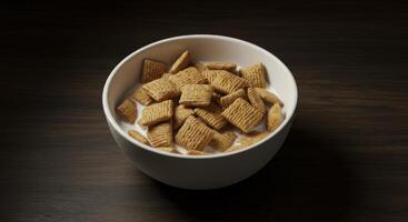 Square shaped cereal with milk in a white bowl on a dark wooden table for breakfast photo