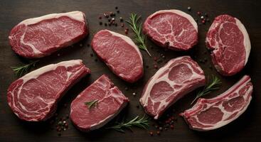 Selection of raw beef steaks and lamb chops with rosemary and peppercorns on a dark table photo