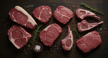 Selection of raw beef steaks and lamb chops with seasoning on a dark wooden table photo