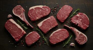 Assortment of Raw Beef Steaks and Lamb Chops with Herbs and Spices on Dark Wooden Table photo