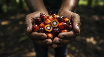 Man hands holding fresh palm oil fruit harvested from a tropical plantation photo