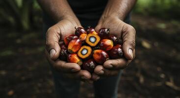 Weathered hands holding a cluster of ripe palm oil fruits, some cut open photo