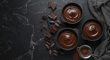 Decadent chocolate ganache in black bowls with cocoa beans and dark chocolate on marble photo