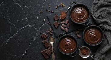 Decadent Chocolate Ganache in Bowls with Cocoa Beans and Dark Chocolate on Marble photo