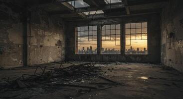 Abandoned industrial room with debris and city skyline view at sunset photo