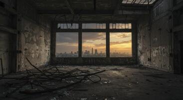Abandoned industrial room with debris and a city skyline view at sunset photo