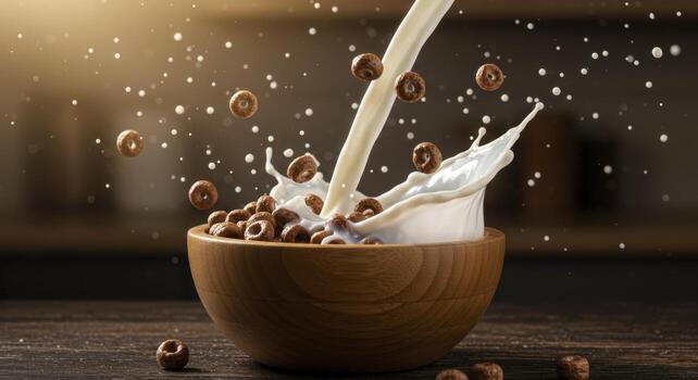 Dynamic pour of milk into a rustic wooden bowl with chocolate loop cereal and splashes. photo