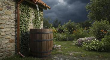 Rainwater collection in a rustic wooden barrel from a copper downspout in a garden photo