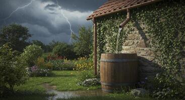 Rainwater pouring into a wooden barrel from a downspout during a garden thunderstorm photo
