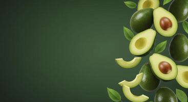 Fresh Avocados and Green Leaves Falling Dynamically on a Dark Green Background photo