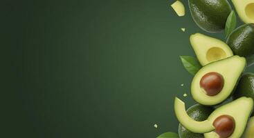 Fresh Avocados and Green Leaves Falling on a Dark Green Background with Copy Space photo